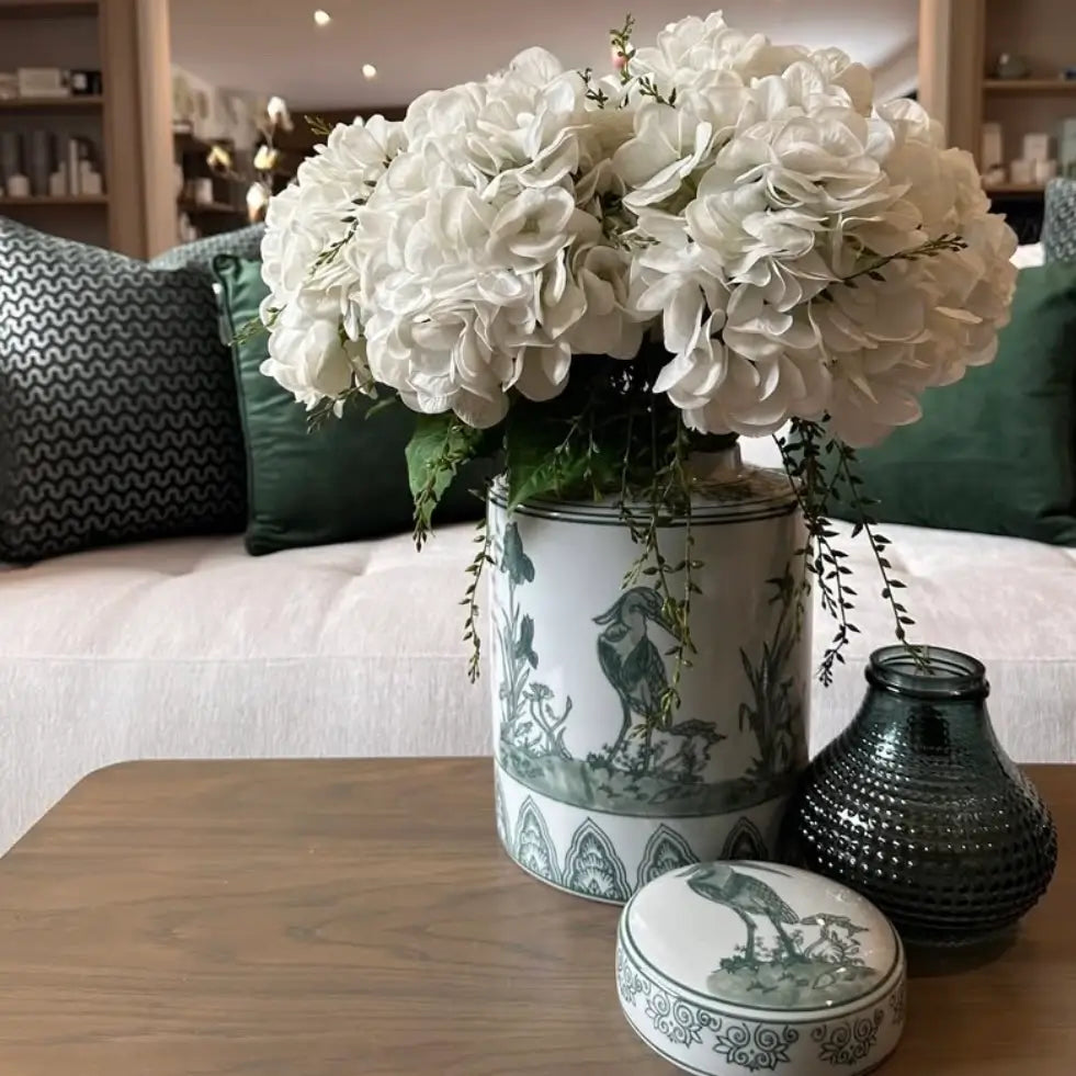 ostrich-peacock-birds-with-white-and-sage-green-patterns-ceramic-lidded-ginger-jar-at-albury-house-interiors