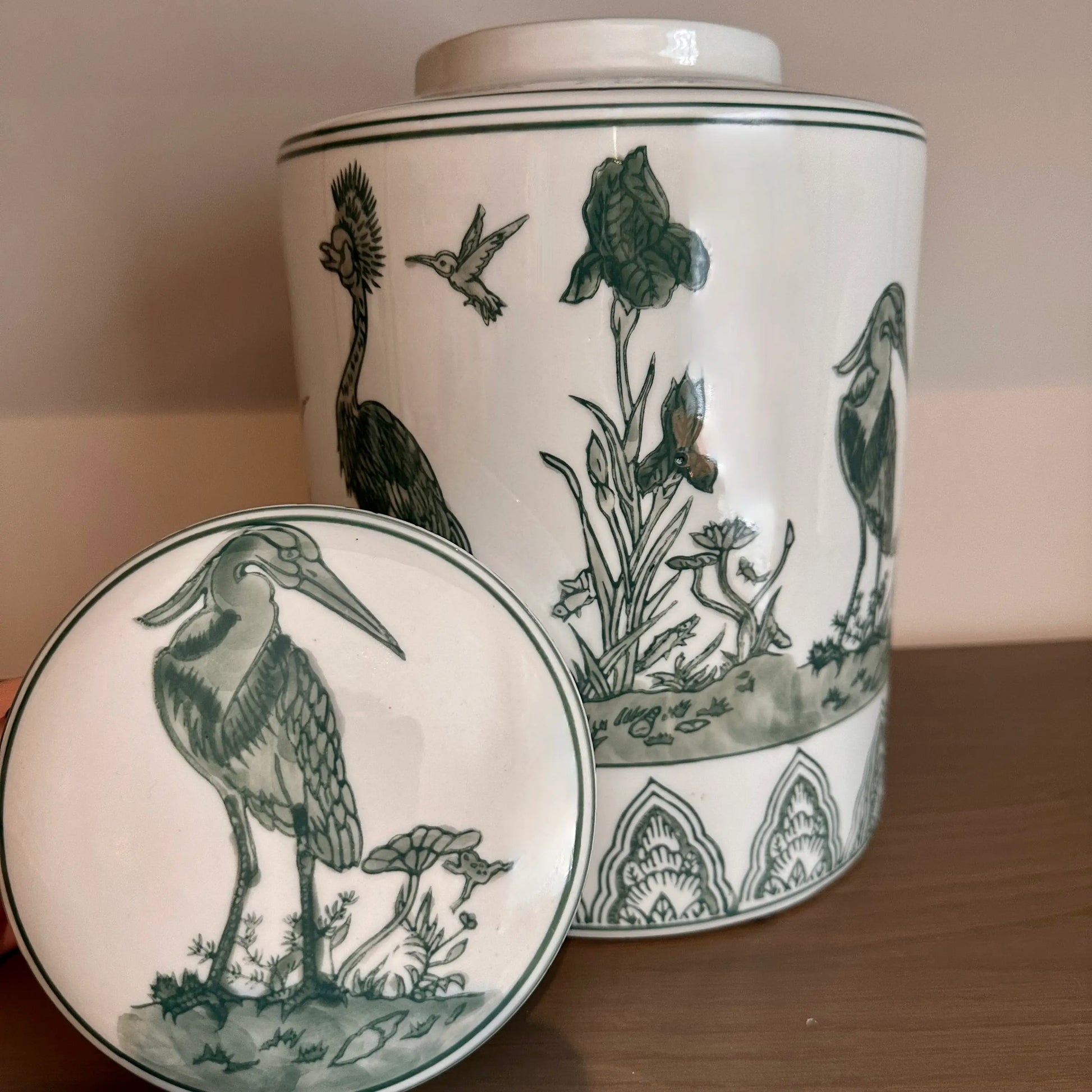 birds-white-and-sage-green-ceramic-lidded-ginger-jar-at-albury-house-interiors