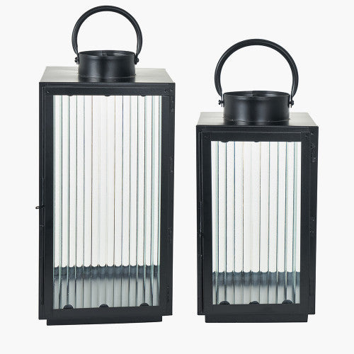 Black Ribbed Glass Lantern Set
