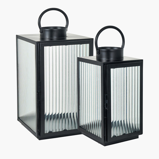 Black Ribbed Glass Lantern Set