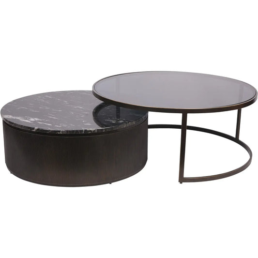 set-of-2-nesting-round-coffee-tables-black-tinted-glass-and-natural-black-and-white-veined-marble-at-albury-house-interiors