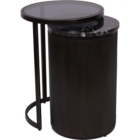 black-glass-antique-brass-iron-frame-nesting-side-tables-with-black-and-white-veined-marble-at-albury-house-interiors