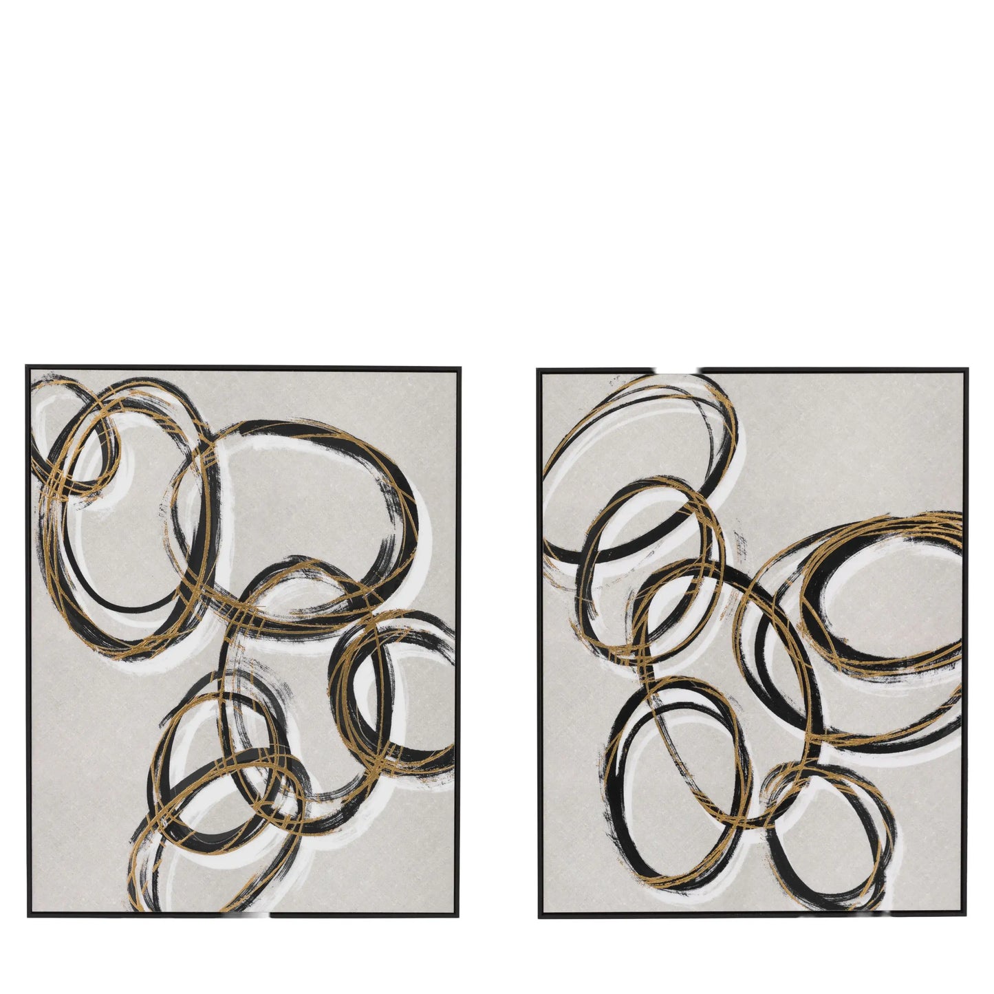 black-and-metallic-gold-hoops-on-neutral-background-pair-of-art-works-in-black-frames-at-albury-house-interiors