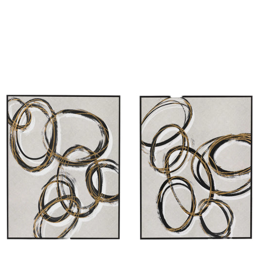 black-and-metallic-gold-hoops-on-neutral-background-pair-of-art-works-in-black-frames-at-albury-house-interiors