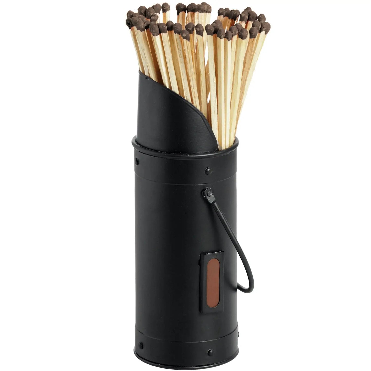 Black steel matchstick holder with 60 tall matches, available to purchase at Albury House Interiors.