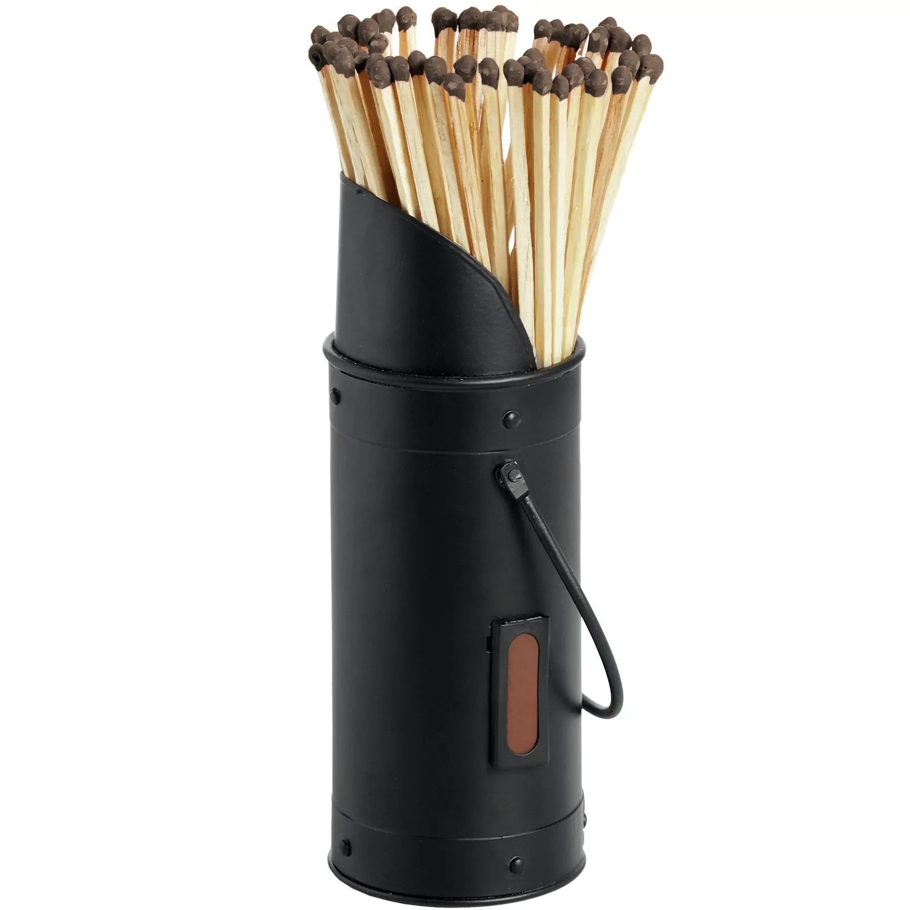Black steel matchstick holder with 60 tall matches, available to purchase at Albury House Interiors.