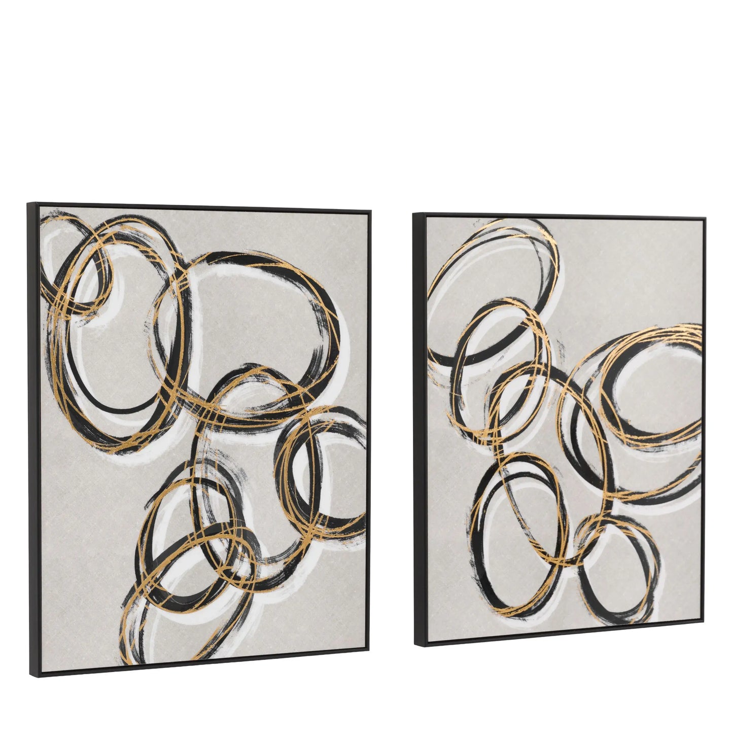 black-and-metallic-gold-hoops-on-neutral-background-pair-of-art-works-in-black-frames-at-albury-house-interiors