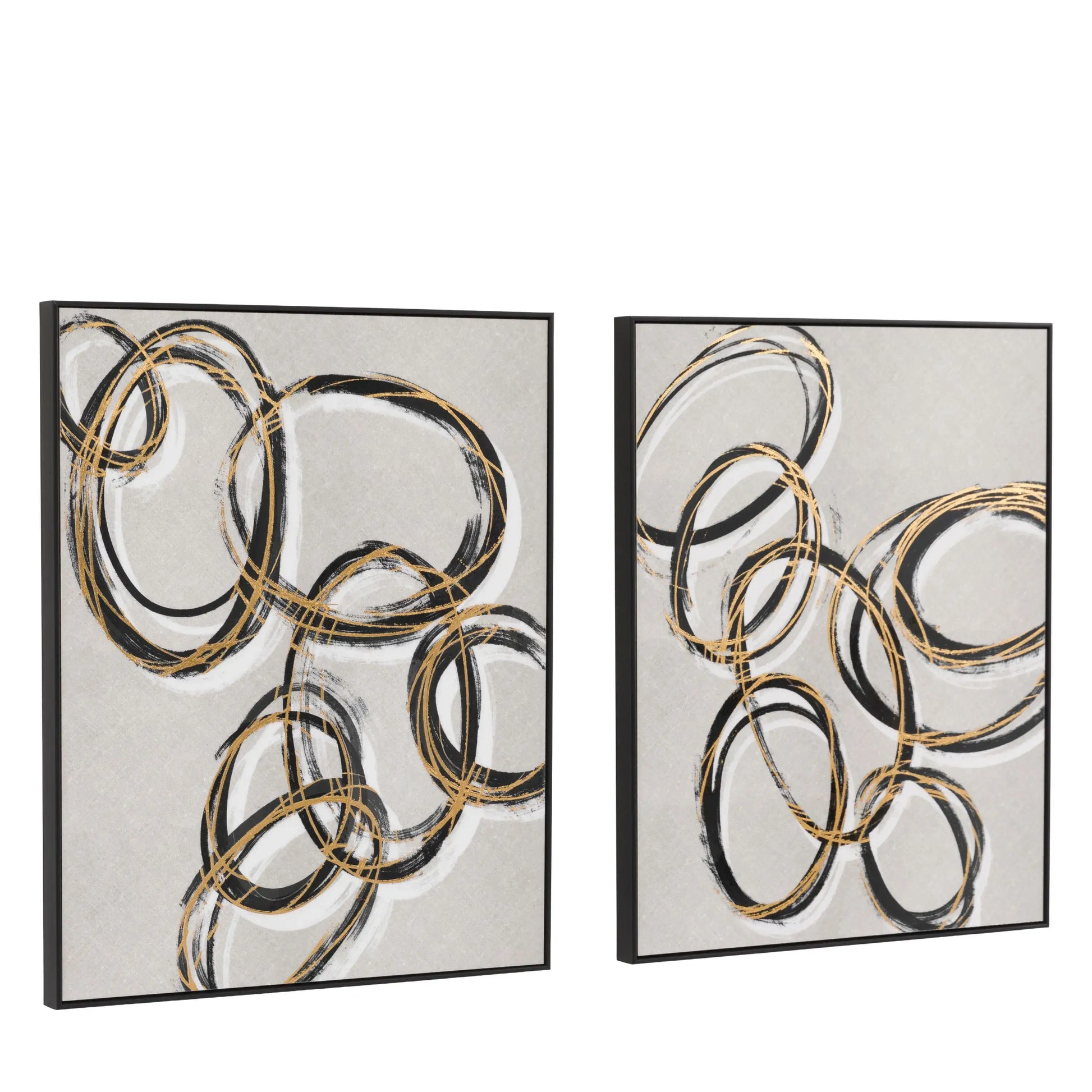 black-and-metallic-gold-hoops-on-neutral-background-pair-of-art-works-in-black-frames-at-albury-house-interiors