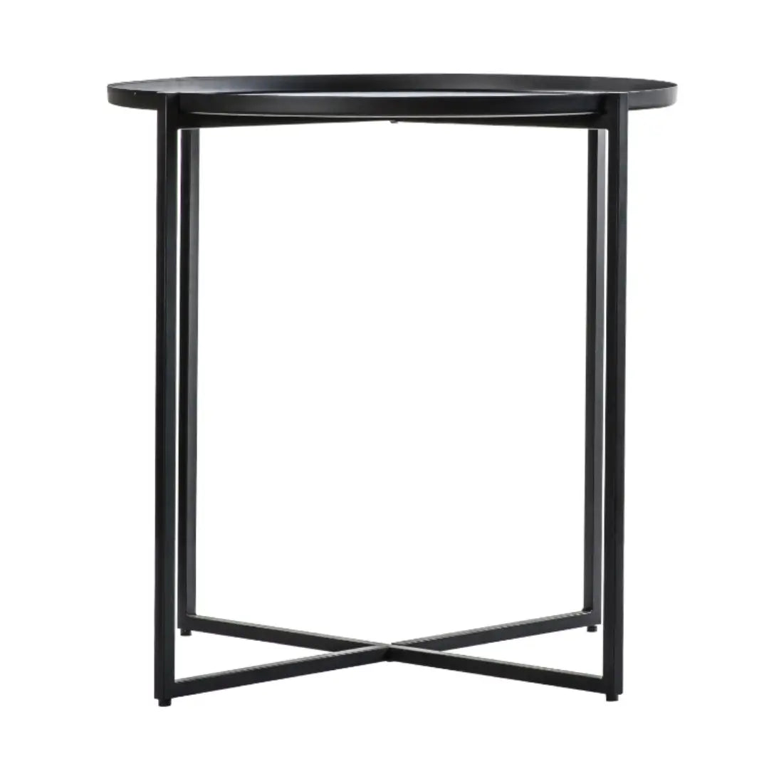 Black metal round side table with matching black legs and removable tray top, available to purchase from Albury House Interiors, homewares in the UK. 
