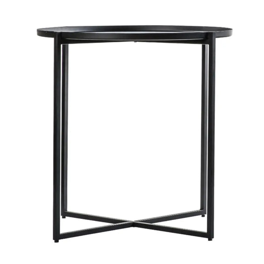 Black metal round side table with matching black legs and removable tray top, available to purchase from Albury House Interiors, homewares in the UK. 