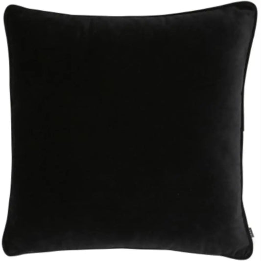 Black soft velvet square cushion with matching piped edges and feather filled insert at Albury House Interiors homewares in Essex, Hertfordshire and London