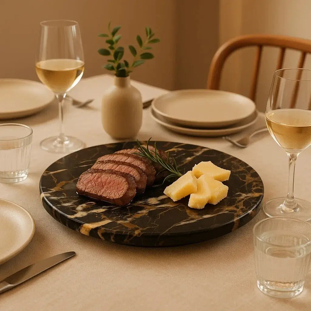 Round lazy Susan serving board, crafted from solid natural black marble with white and gold veining throughout. Perfect for dinner parties and grazing boards. Available to purchase from Albury House Interiors. 