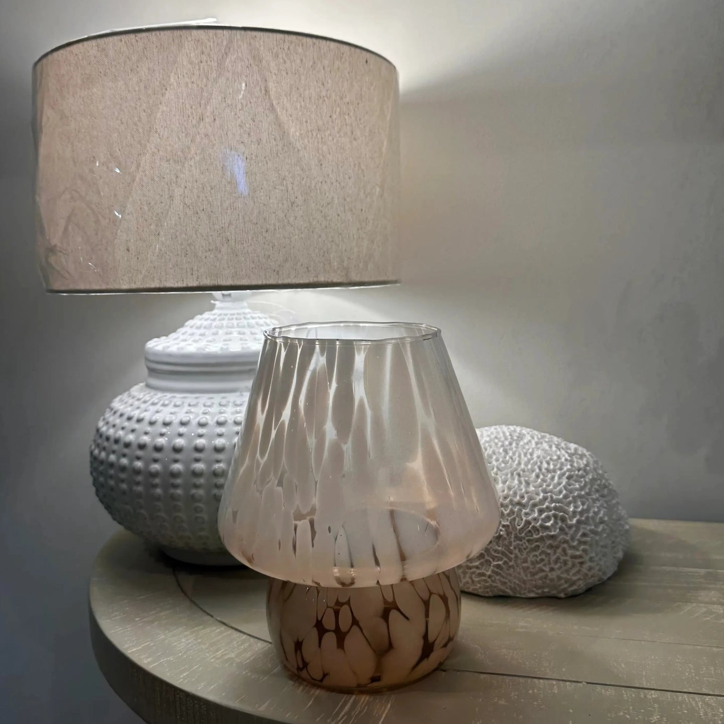 blown-glass-mottled-mushroom-hurricane-lamp-candleholder-in-white-and-amber-peach-at-albury-house-interiors