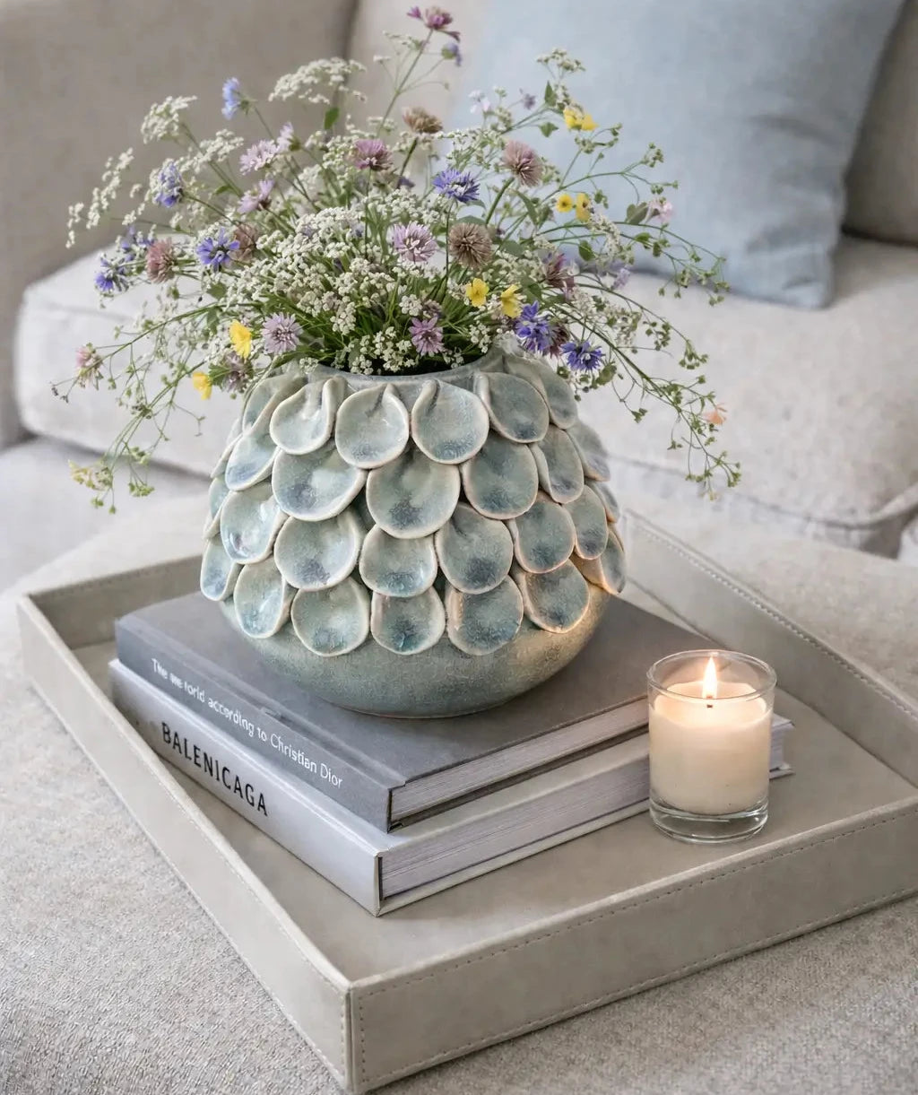 Small ceramic vase in pale blue with crackled effect, adorned with leaf petal shaped details. Waterproof and perfect for small blooms. Displayed here on a grey coffee table tray and hardback designer coffee table books. Available at Albury House Interiors. 