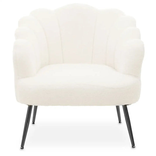 White soft boucle armchair occasion chair in a shell shape with scalloped edges and matte black legs, available to purchase from Albury House Interiors, Essex. 
