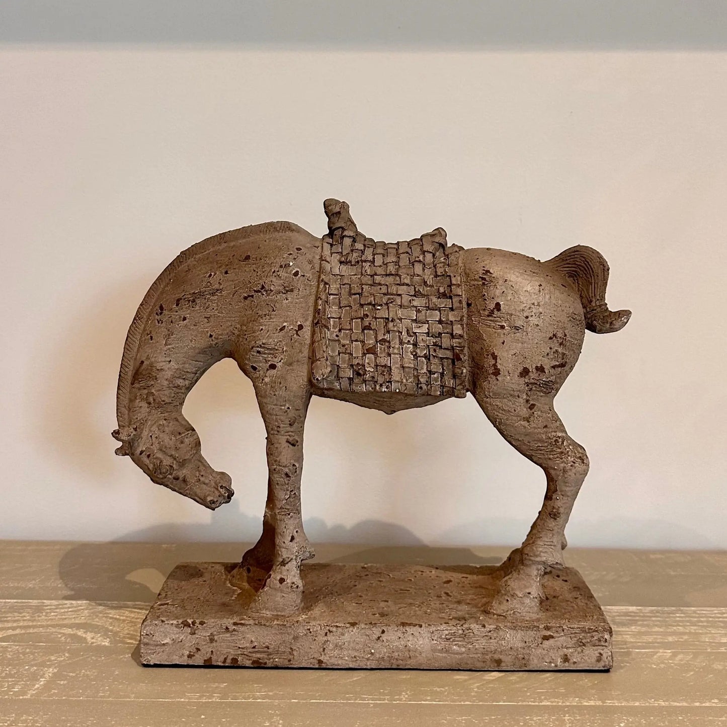 Bowing horse ornament sculpture crafted from poly resin and finished in an antique stone to give a vintage traditional look. Available to purchase from Albury House Interiors, Harlow, Essex. 