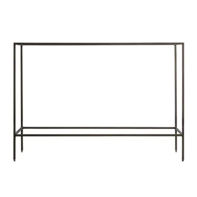 Bronze finished metal slim console table with glass top, perfect for living rooms, dining rooms and hallways. Available at Albury House Interiors. 
