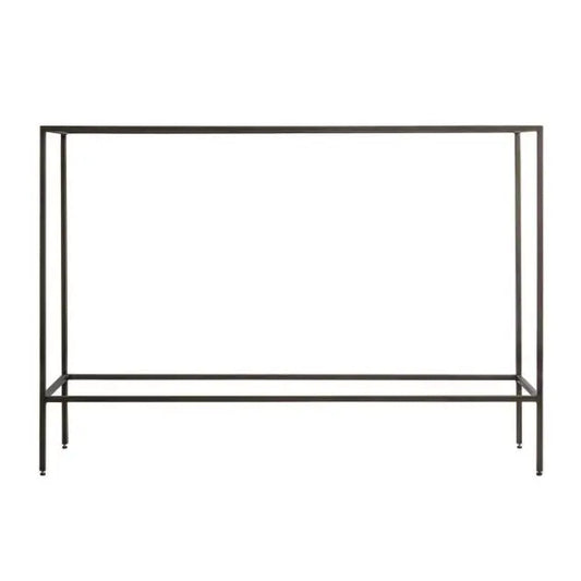 Bronze finished metal slim console table with glass top, perfect for living rooms, dining rooms and hallways. Available at Albury House Interiors. 