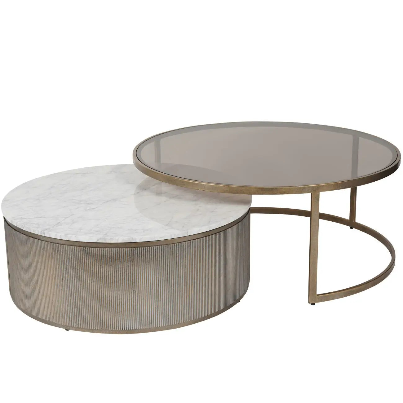 Set of two nesting coffee tables crafted from brushed bronze with smoked glass and white natural marble tops. As used by interior designers across the UK. Available to purchase from Albury House Interiors, Matching Tye Essex. 