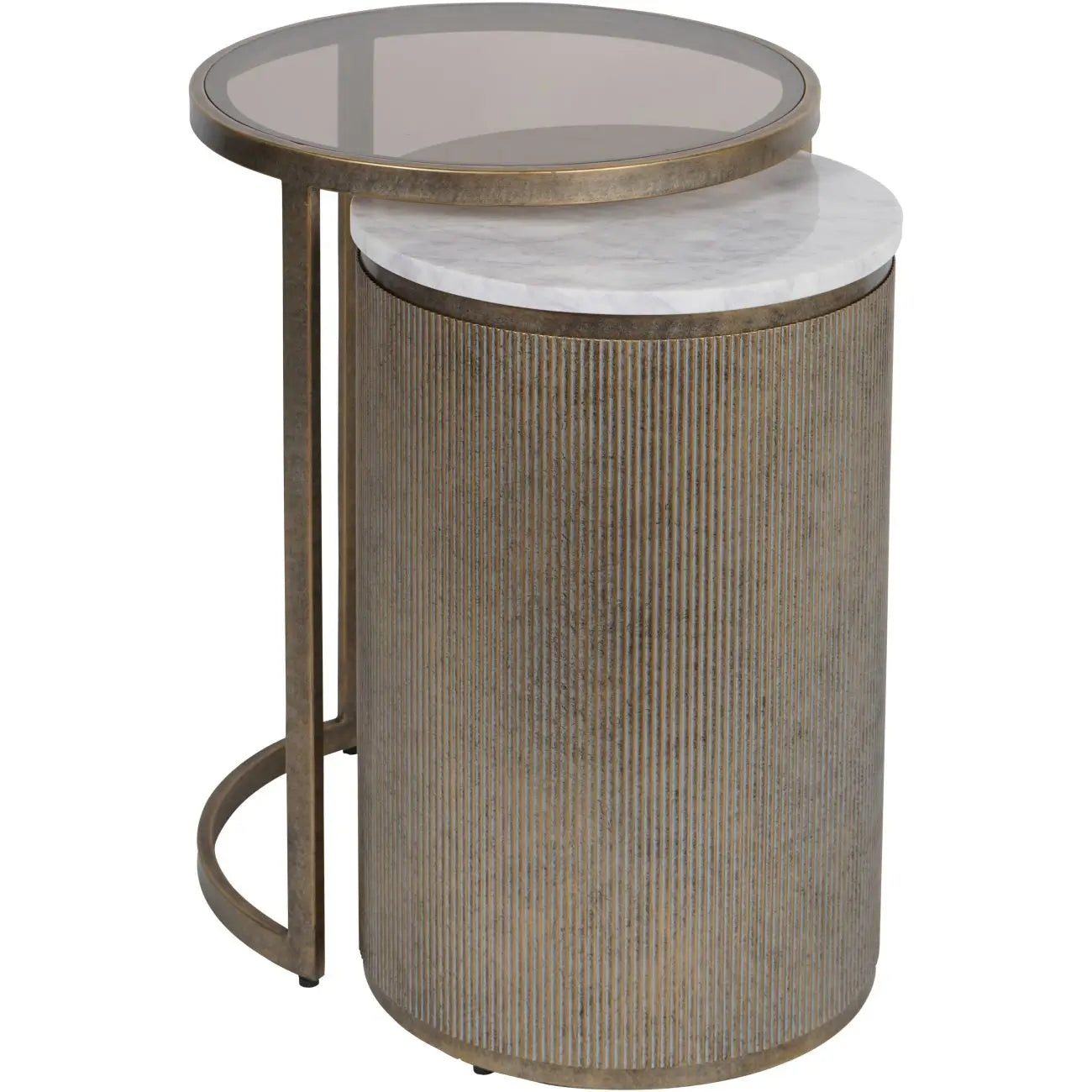 Set of two nesting round side tables, finished in antique bronze with ribbed detailing, and marble and smoked glass table tops. As used by interior designers, available to purchase from Albury House Interiors.