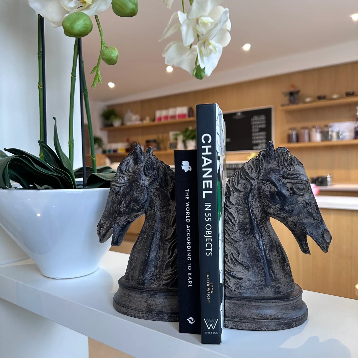 bronze-resin-horse-head-bookends-on-shelf-with-black-chanel-designer-coffee-table-books-at-albury-house-interiors