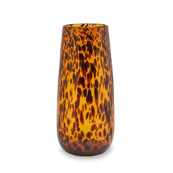 Tortoise shell slim amber glass vase with brown flecks and patterns throughout, in sizes small and large. Available to purchase at Albury House Interiors. 