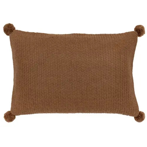 brown-knit-crochet-effect-rectangular-cushion-with-brown-pompoms-on-corners-and-neutral-colour-reverse-side-at-albury-house-interiors-essex