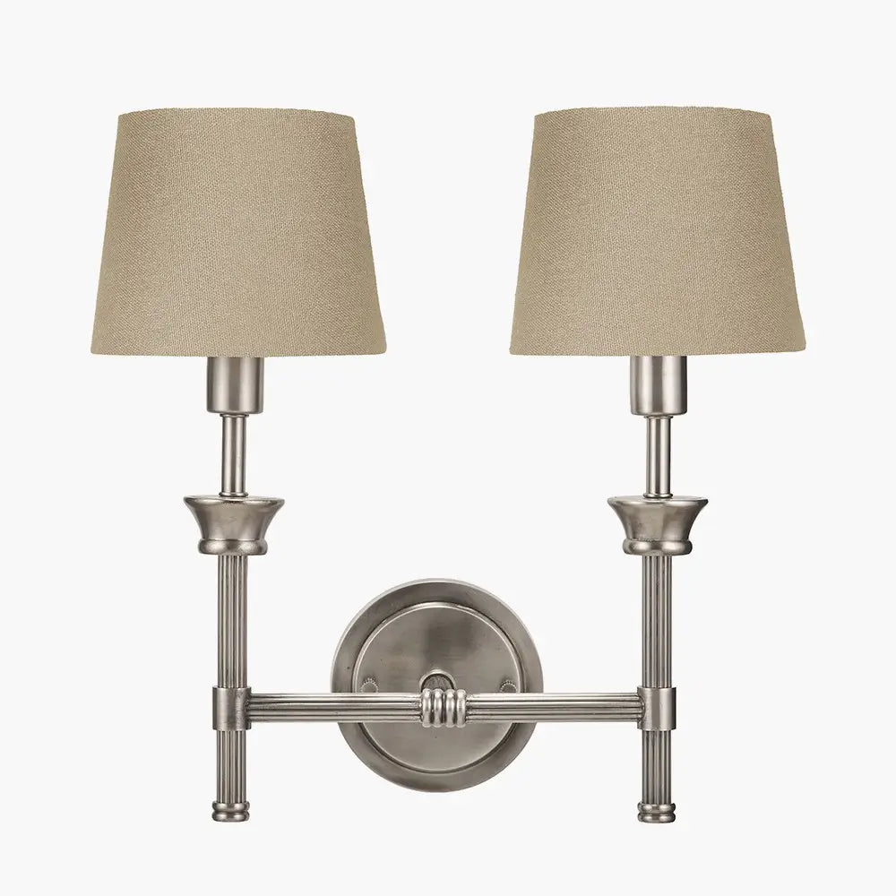 brushed-silver-cast-brass-double-wall-light-with-stepped-backplate-ribbed-detail-and-taupe-cotton-shades-at-albury-house-interiors