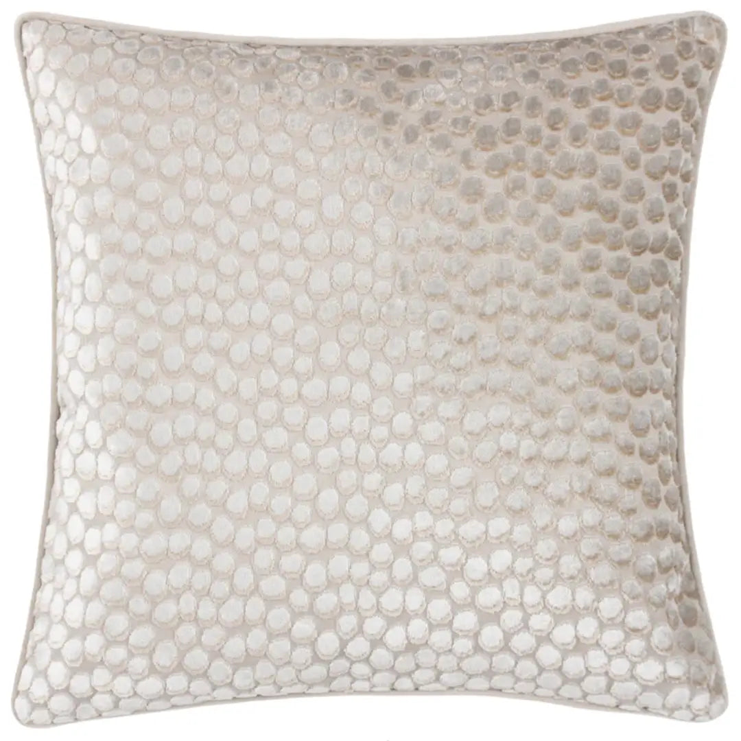 Ivory velvet square cushion with bubble textured pattern on the front and plain velvet on the reverse. Complete with matching ivory piped edges and feather filled insert. Available to purchase at Albury House Interior, home decor in the UK. 
