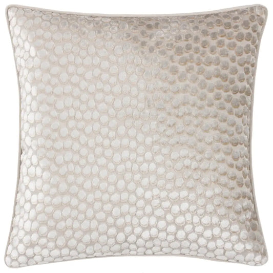 Ivory velvet square cushion with bubble textured pattern on the front and plain velvet on the reverse. Complete with matching ivory piped edges and feather filled insert. Available to purchase at Albury House Interior, home decor in the UK. 