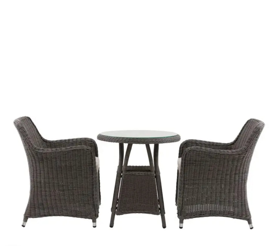A 3-piece outdoor patio bistro set featuring two grey woven wicker armchairs and a matching round wicker side table on a solid white background.