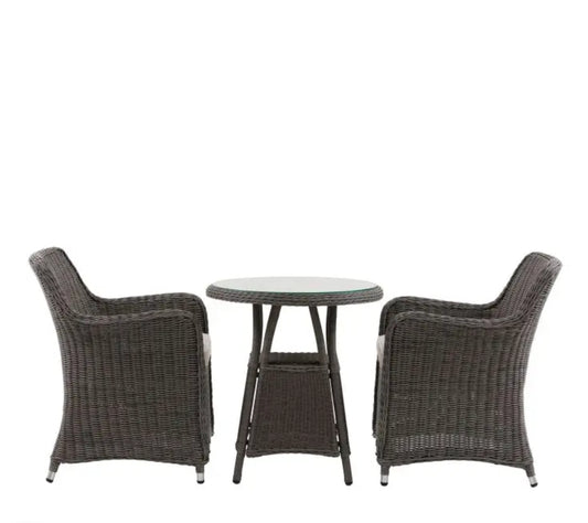 A 3-piece outdoor patio bistro set featuring two grey woven wicker armchairs and a matching round wicker side table on a solid white background.