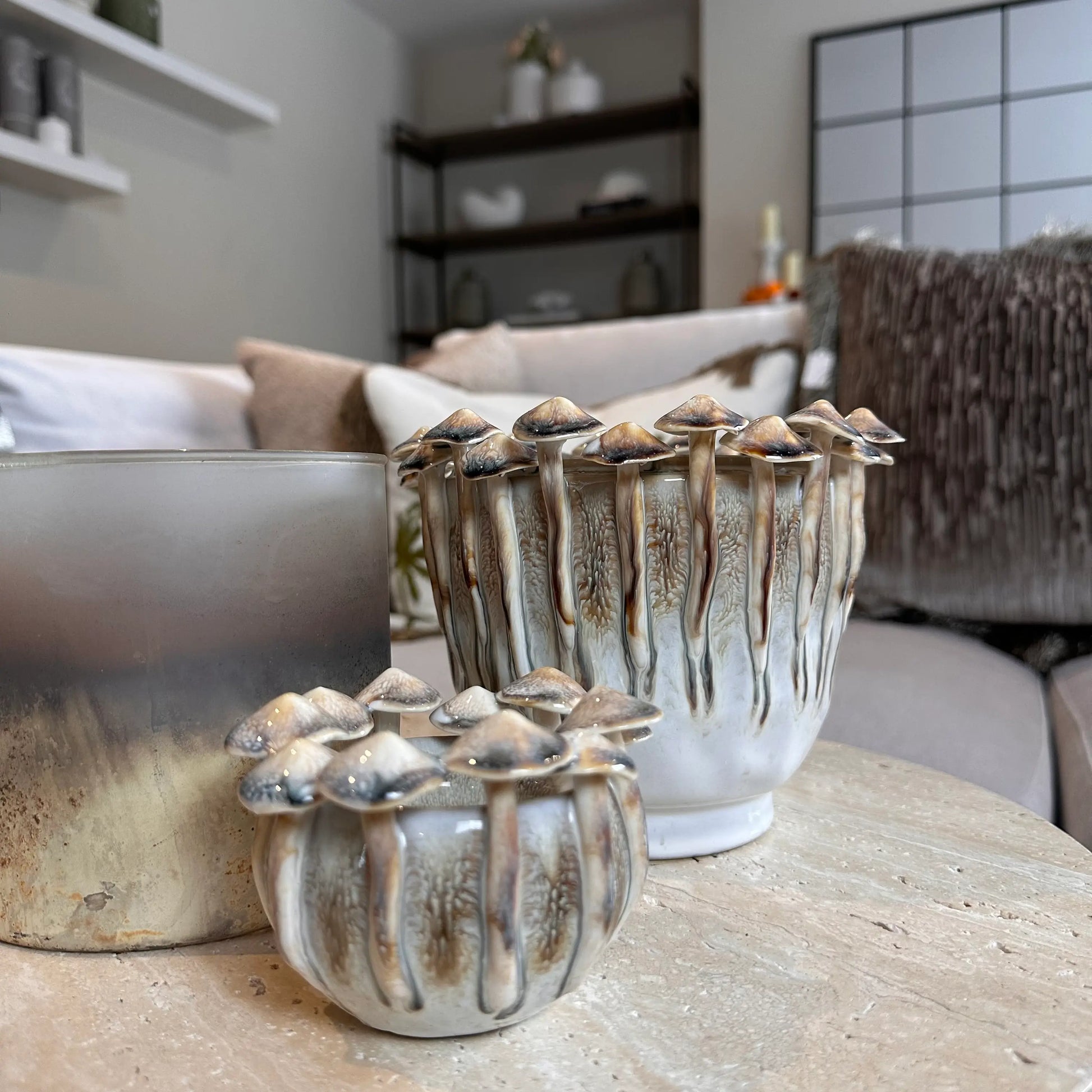 ceramic-brown-mushroom-vase-and-tealight-candle-holder-on-terazzo-stone-tray-at-albury-house-interiors-shop