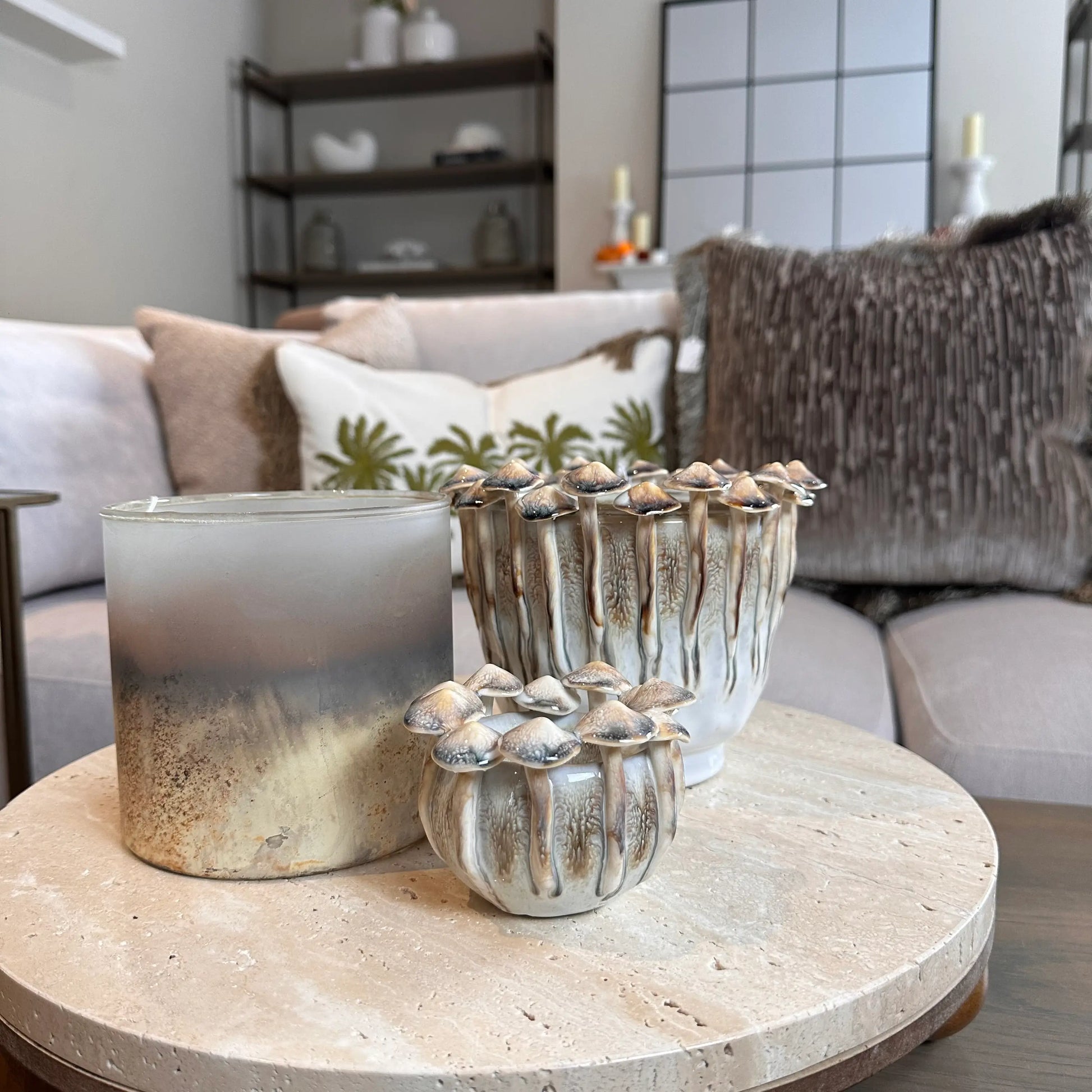 ceramic-brown-mushroom-vase-and-tealight-candle-holder-on-terazzo-stone-tray-at-albury-house-interiors-shop