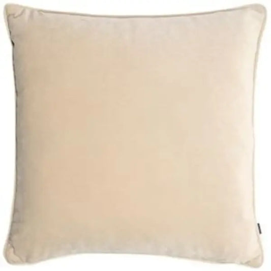 Champagne soft velvet square cushion with piped edges and feather filled insert at Albury House Interiors homewares in Essex, Hertfordshire and London