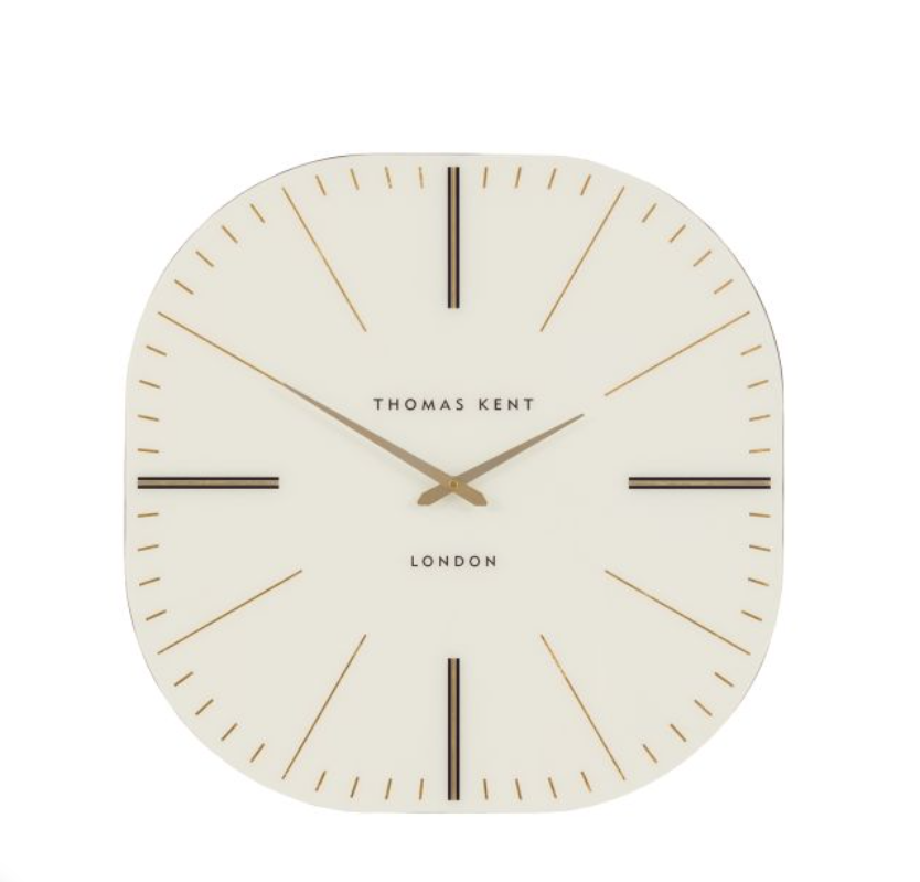 Thomas Kent London wall clock with a cream-colored face, gold hands, and gold and dark brown linear hour markers on a white background available at Albury House Interiors.