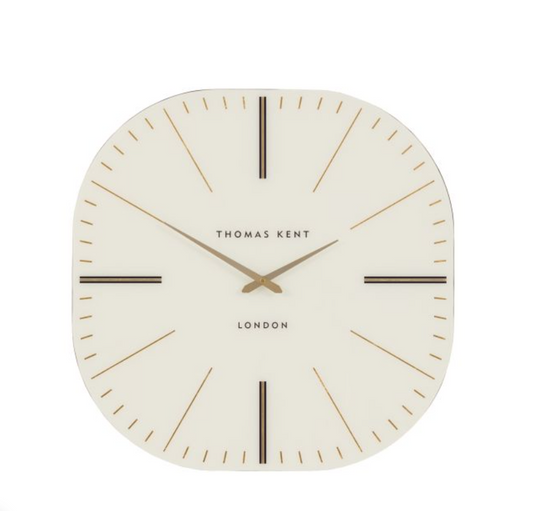 Thomas Kent London wall clock with a cream-colored face, gold hands, and gold and dark brown linear hour markers on a white background available at Albury House Interiors.