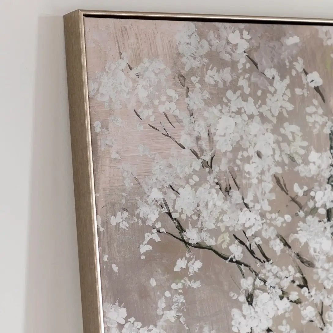 Grey blossom tree framed canvas wall art with wooden frame at Albury House Interiors Harlow, Essex.