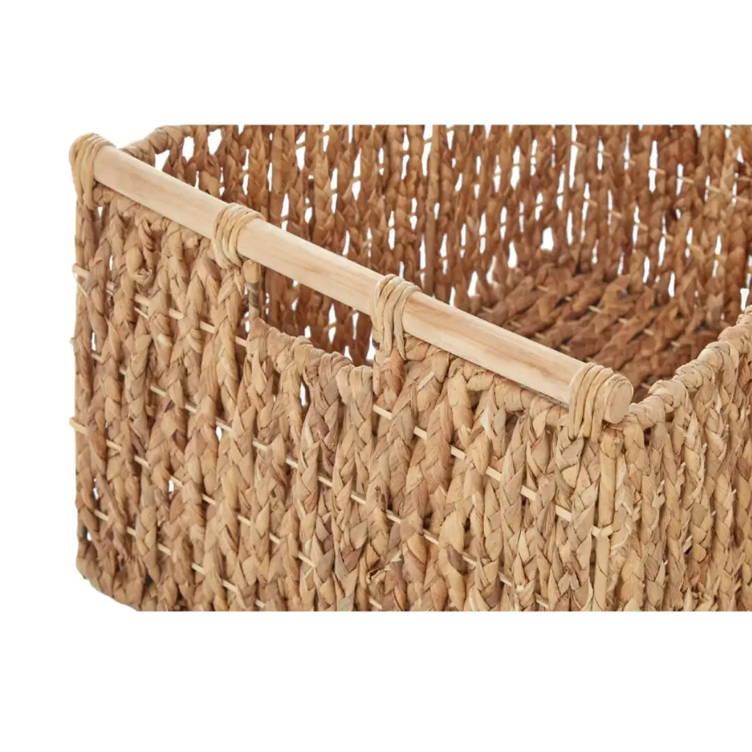 Set of 5 storage baskets crafted from natural water hyacinth, with wooden handles to match the colour scheme, in varying sizes. Available to purchase from Albury House Interiors, Essex. 