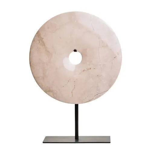 coco-cream-natural-colour-round-marble-disc-on-black-stand-interior-design-accessories-at-albury-house-interiors