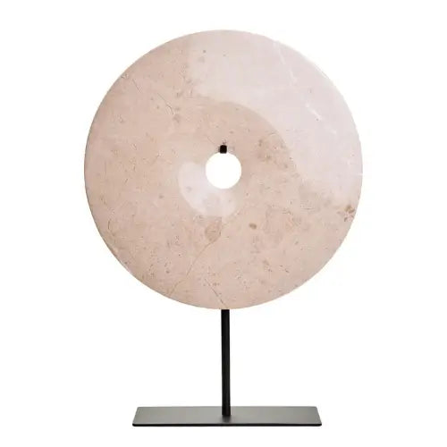 coco-natural-cream-marble-round-disc-sculpture-on-black-iron-stnd-at-albury-house-interiors-essex