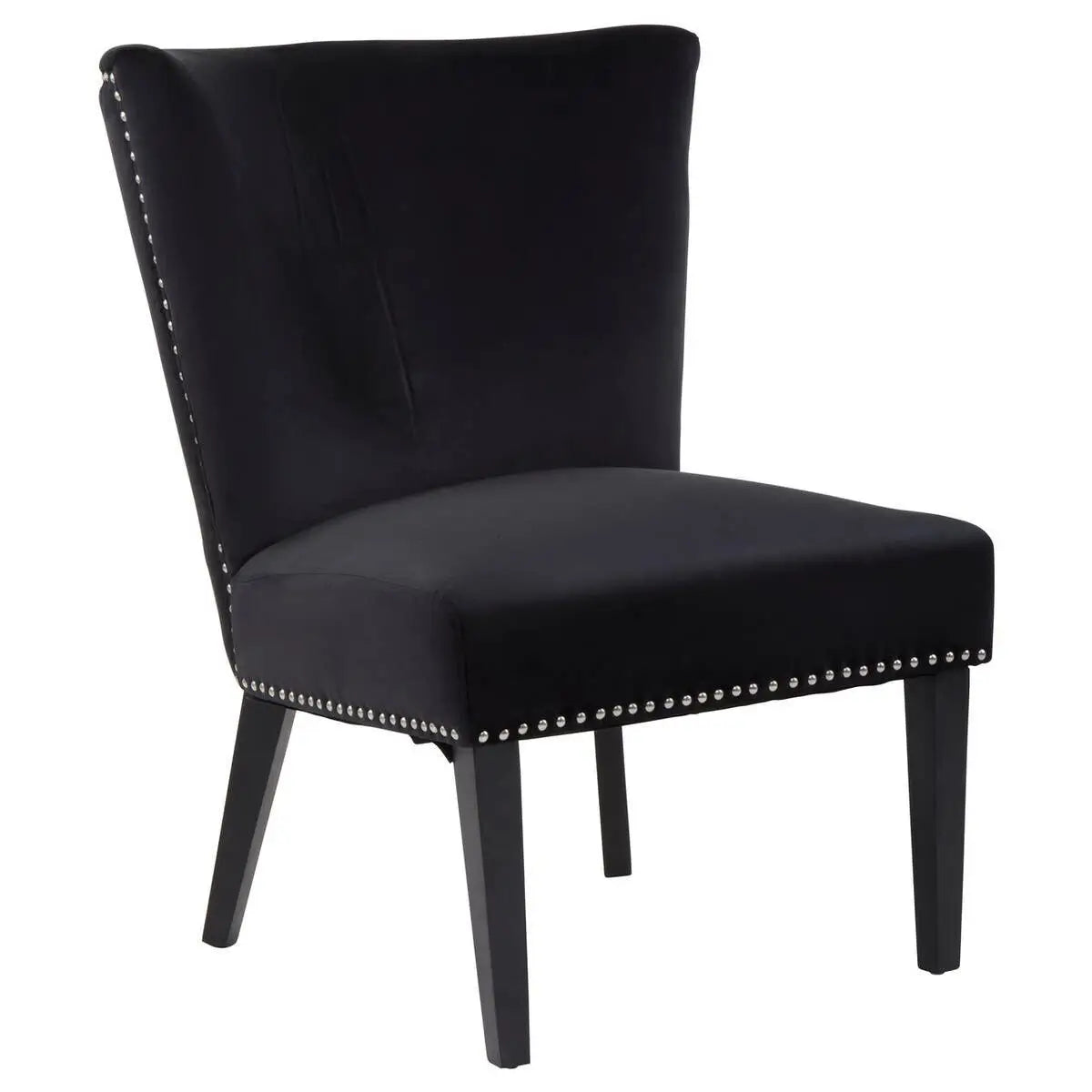 Cologne black soft velvet occasional chair with matching black wooden square legs and silver studded detail around front and back edges. Available at Albury House Interiors