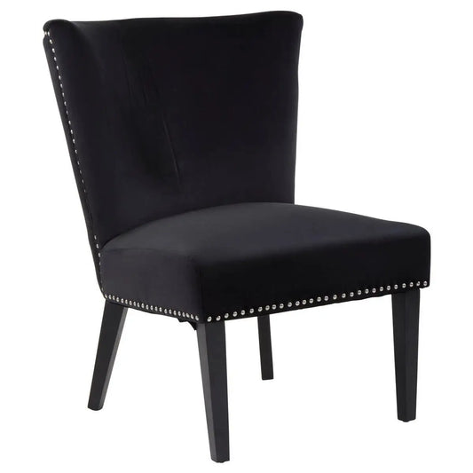 Cologne black soft velvet occasional chair with matching black wooden square legs and silver studded detail around front and back edges. Available at Albury House Interiors