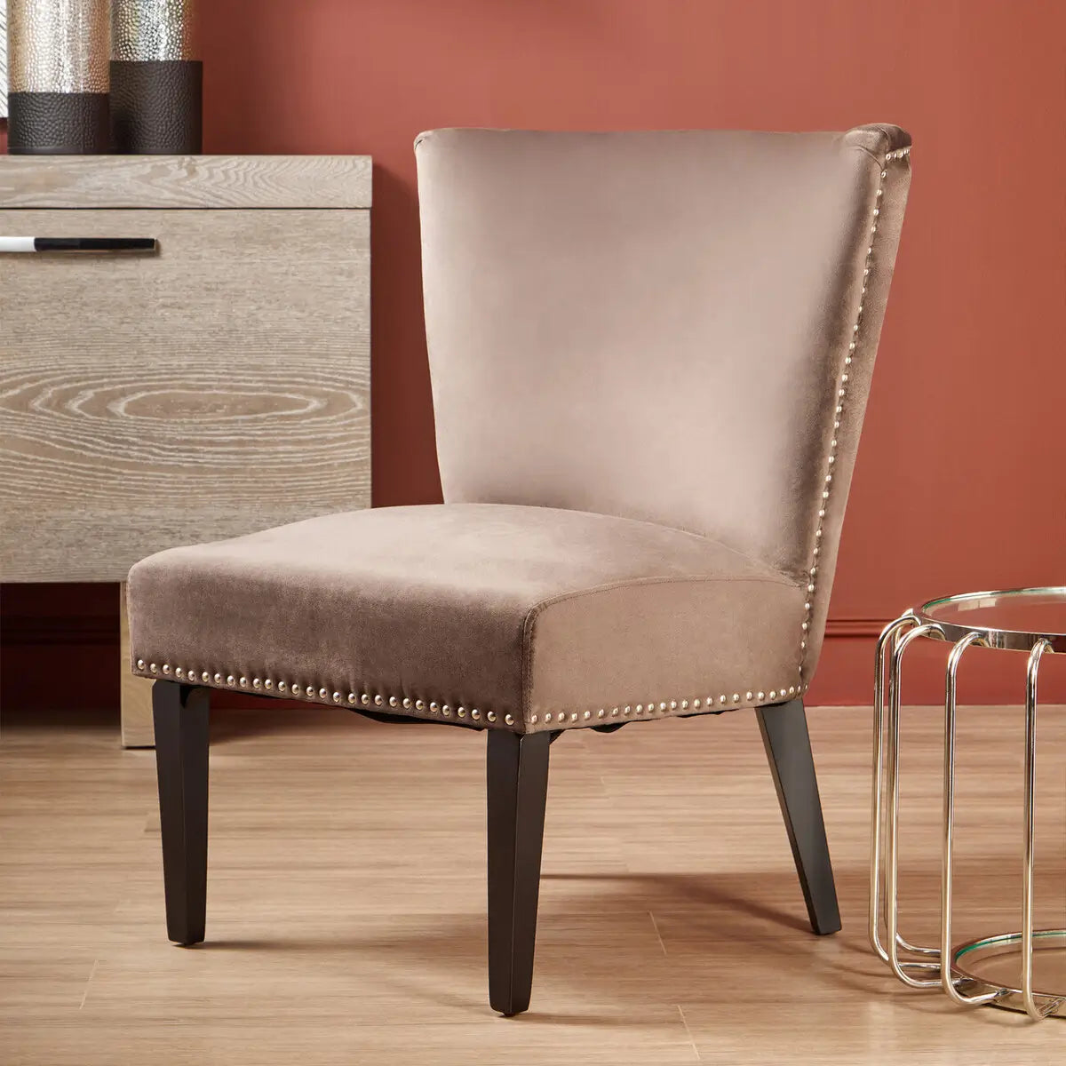 Cologne mink soft plush velvet occasional or dining chair with black square wooden legs, and chrome stud detail around each edge. Available at Albury House Interiors