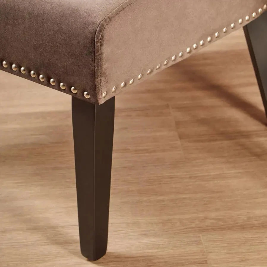 Cologne mink soft plush velvet occasional or dining chair with black square wooden legs, and chrome stud detail around each edge. Available at Albury House Interiors