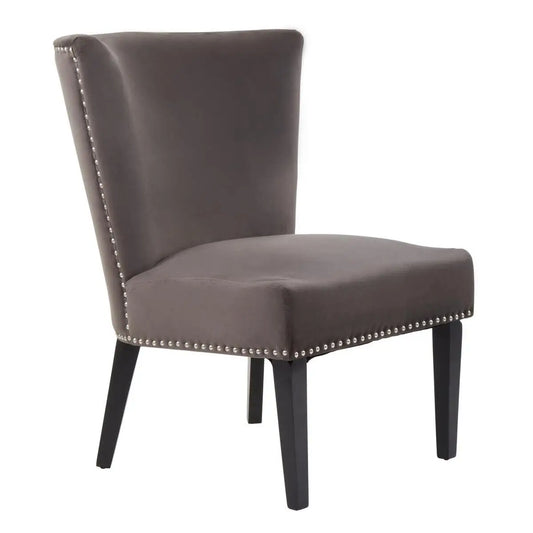 Cologne mink soft plush velvet occasional or dining chair with black square wooden legs, and chrome stud detail around each edge. Available at Albury House Interiors