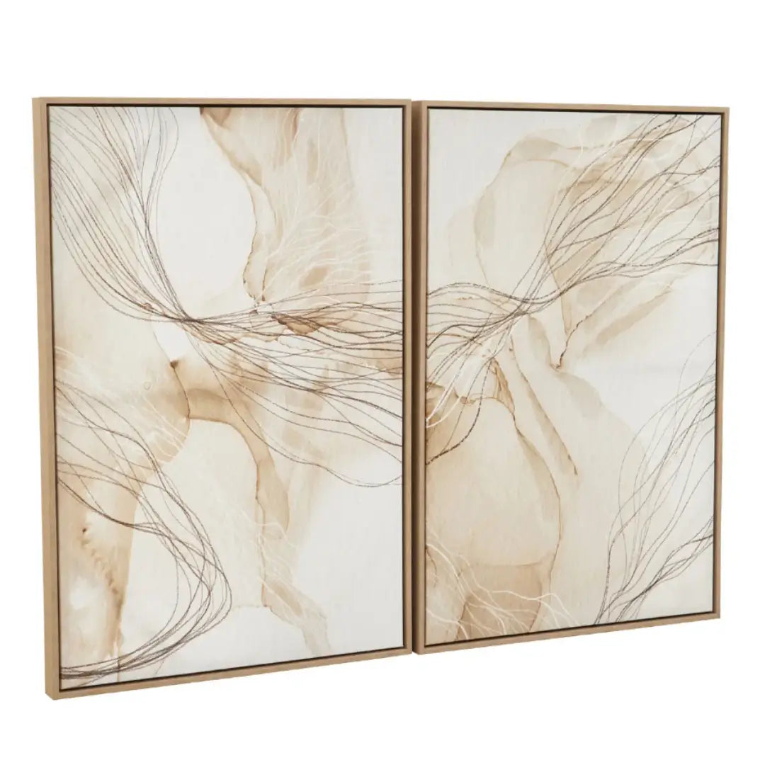Set of two abstract natural coloured wall art pieces with beige and brown tones on a white background, finished with veneered wooden effect frames. Available to purchase from Albury House Interiors.