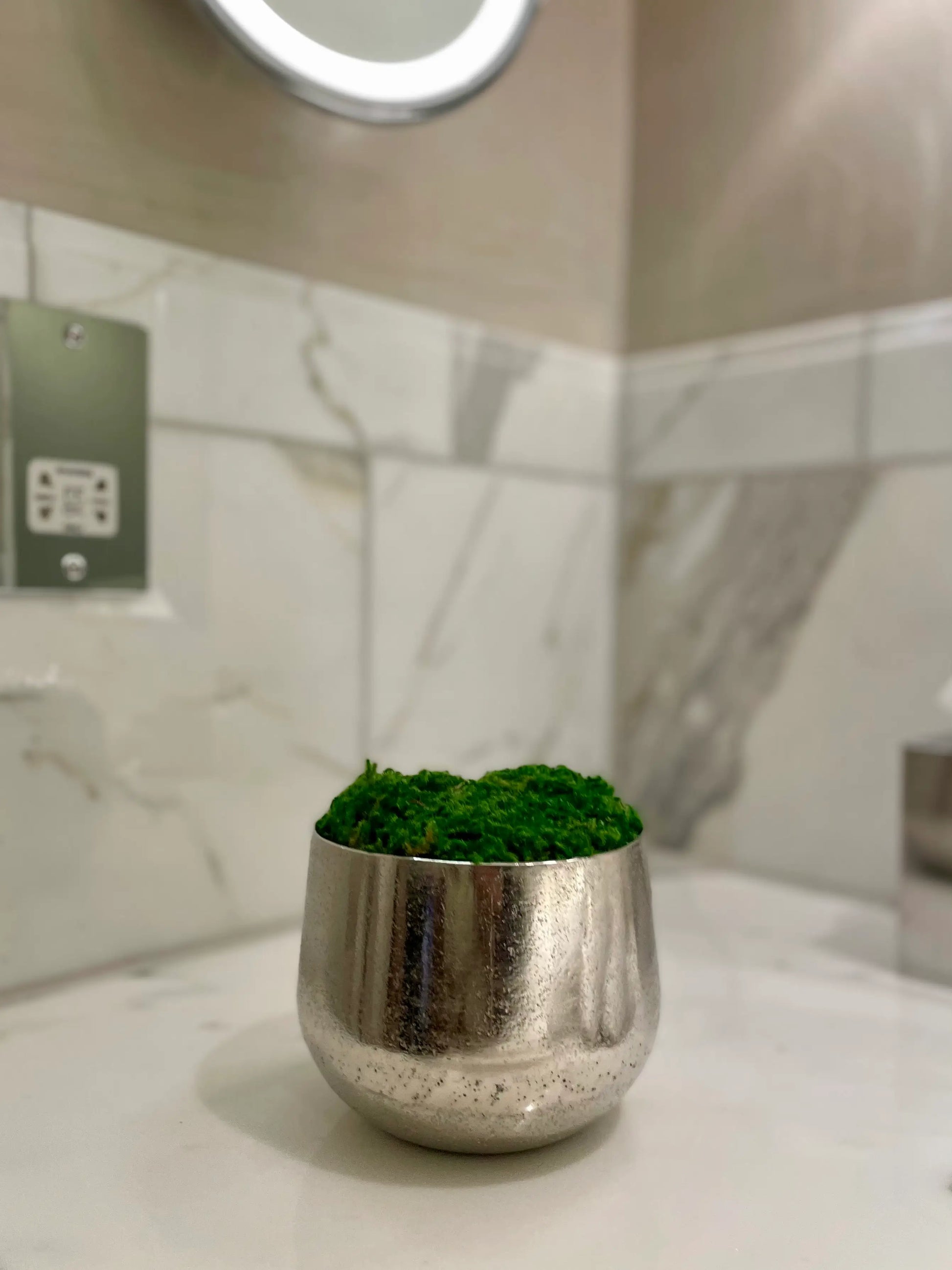 Chrome silver textured moss bowl, with preserved natural green moss, displayed in 30 suites across the iconic Corinthia Hotel London. Available to purchase from Albury House Interiors, homewares in the UK. 