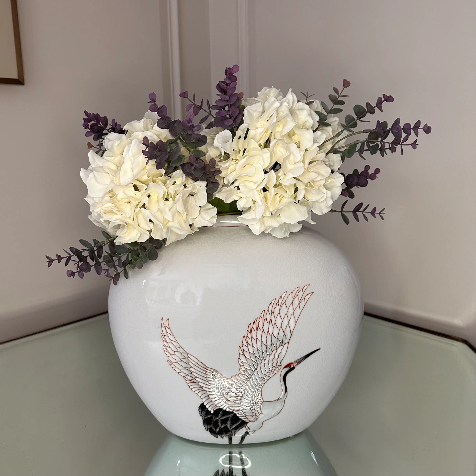medium-sized-white-crackle-ceramic-glazed-crane-vase-with-faux-flowers-at-albury-house-interiors