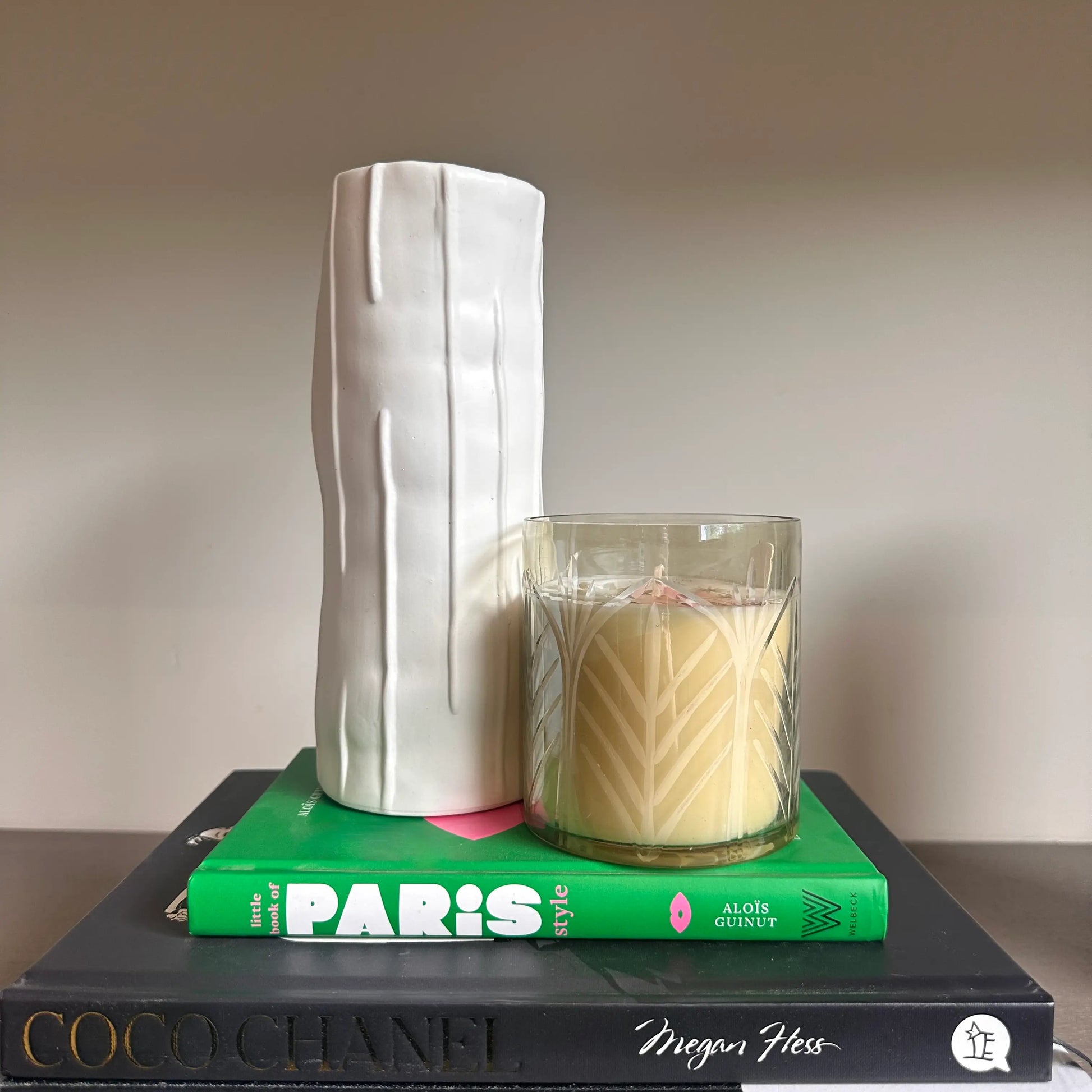 Medina candle in an engraved glass jar with decorative palm tree design, our scented, gift boxed in a white box with a monkey on the front. Available to purchase at Albury House Interiors, Essex. 